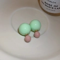 Macro shot of mint green and dusty pink double pearl earrings with gold metallic finish - Mint Green Pink Front Back Pearl Style (74#)