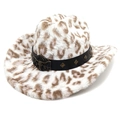 Détail du chapeau de cowboy léopard avec boucle tête de taureau et bande cloutée - M (56-58cm) / Blanc - Dessus Plat