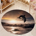 Detail showing the 3D sunset ocean dolphin print on a round flannel absorbent floor mat - 80x80cm / Jumping Dolphin