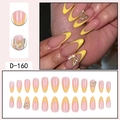 Yellow French almond press-on nails with 3D gold butterfly and crystal accents - Nude Pink Yellow Edge French 3D Butterfly Rhinestone Style (D-160) / 24 Pcs/Set
