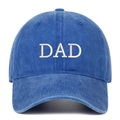 Macro shot of white DAD embroidery on a vintage washed blue cotton baseball cap - DAD Embroidery / Dark Blue