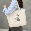 Off-white canvas tote bag featuring a cute girl and cat illustration with Happy Girl text - White Colorful Fashion Girl