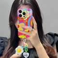 Detail of floral iPhone case with colorful flower and heart charm wrist strap handle - SJ6 Rainbow Graffiti + White Flower Pendant / iPhone 15