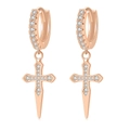 Macro detail of rose gold hoop earrings with iced-out zirconia cross pendants - Rose Gold Cross B