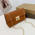 Brown quilted small bag with golden chain strap and lock closure for women - Dark Brown