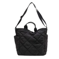 Quilted rhombus pattern black nylon tote bag with dual handles and adjustable strap - Black