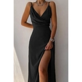 Robe longue noire élégante à décolleté en V plongeant et fente latérale haute satinée - S / Bas / Noir