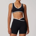 Ensemble de yoga taille croisée noir avec liseré blanc et brassière de sport col V - S / Haut Et Bas / Noir Premium (Soutien-gorge + Short)