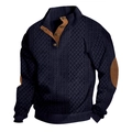 Detalle de suéter azul marino de punto trenzado con coderas marrones y cuello de botones - S / Tops / Azul Marino (DF-4)