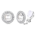 Detail of silver alloy ear clips featuring a white pearl and sparkling zircon halo - Silver Pearl Halo
