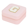 Pink leather travel jewelry box with white plush letter C and golden zipper closure - Letter G (No Mirror) (FS61) / 10x10x5cm