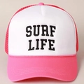 Pink and white trucker hat with SURF LIFE embroidery and adjustable mesh back - One Size / Rose Red and White
