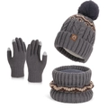 Ensemble d'hiver tricoté gris avec bonnet à pompon, tour de cou et gants tactiles - Ensemble 3 Pièces (Bonnet + Écharpe + Gants) / Gris