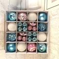 Detailed view of 16 pink and blue Christmas ornaments with glitter and matte textures - Pink 42PCS Gift Box Set
