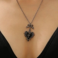 Gothic Y2K heart necklace with thorn rose patterns and silver cross on silver bow chain - Black
