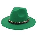Vibrant green fedora hat featuring a stylish gold chain and black leather band - M (56-58cm) / Grass Green (Black Chain Decor)