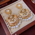 Close-up of vintage gold earrings with champagne rhinestones and white pearl fringe - 3# Silver Earring Post-Gold Round