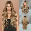 Long wavy brown wig with blonde highlights shown on model and mannequin from multiple views - Dark Brown Highlight Flaxen Gold
