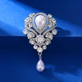 Vintage silver alloy brooch with sparkling rhinestones and white teardrop pearls - XD825112-2 Silver Teardrop Artificial Pearl