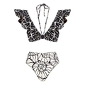 Close-up of ruffled shoulder straps and V-neck on black and white bikini top - S / 2-Piece Bikini Set