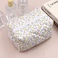 Detail of blue floral quilted makeup bag with zipper closure and soft texture fabric - Blue Floral