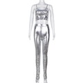 Detail of silver metallic crop top and pleated pants with shiny coated fabric texture - M / Silver