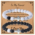 Couples beaded bracelets with white turquoise, matte black stone, and silver cross pendants - To My Fiancé