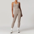 Completo yoga taupe due pezzi con top a vogatore e leggings spazzolati a vita alta - Taglia S / Top E Pantaloni / Canotta + Pantaloni Lunghi / Lino