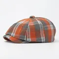 Casquette gavroche classique à carreaux orange et gris de style rétro britannique - Taille Unique (Élastique) / Carreaux Orange