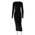 Schmal geschnittenes schwarzes Samtkleid mit eleganten Raffungen und langen Ärmeln in Midi-Länge - S / Schwarz