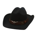 Classic black felt western cowboy hat with brown leather band and silver bull head emblem - One Size / Black (Brown Bull Head Decor)
