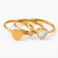 Three-piece gold-plated stainless steel heart ring set with micro-pave cubic zirconia - US 6 / Gold
