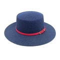 Detail of navy blue straw boater hat featuring a red leather band and golden metal buckle - M(56-58cm) / Navy Blue