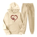 Survêtement beige deux pièces avec sweat à capuche imprimé rugby et pantalon assorti - S (L) / Haut Et Bas / Kaki (Football avec Impression de Cœur)