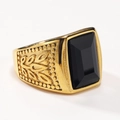 Vintage gold stainless steel ring with black square gemstone and leaf engraving - US 7 / Gold Black