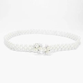 Elegant white double-row pearl waist belt with sparkling rhinestone buckle for dresses - Pearl Flower Buckle (KL139-14)