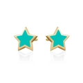 Close-up of gold-plated star earrings with turquoise enamel inlay and clear reflections - Gold Star Green Heart Studs (5)