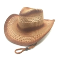 Detailed weave of brown straw cowboy hat with wood bead chin strap and hollow vents - M (56-58cm) / Khaki