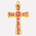 Golden stainless steel cross pendant with pink gemstones for necklaces and earrings - Gold - Rose Red Zirconia