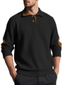 Men's black ribbed knit sweatshirt with brown faux leather trim and henley collar - S / Black