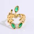 Adjustable gold titanium steel ring featuring green marquise stones and leaf design - Floral Emerald Style (JZ26-6)