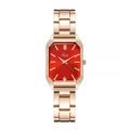 Detail of red dial with crystals and rose gold band on this luxury women's quartz watch - Red