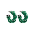 Green leather braided C-shaped hoop earrings with silver-tone metal twisted design - Green (Stud)