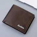 Men's bifold short wallet in dark brown matte leather with orange contrast stitching - Dark Coffee