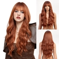 Detailed views of long wavy reddish-brown synthetic wig with bangs from multiple angles - Auburn (lc8239-3)