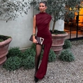 Detail of wine red sleeveless ruched dress with asymmetrical floor-length side drape - XS / Burgundy
