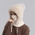 Winter fleece-lined knitted hat with integrated mask and scarf in cream white - Beige
