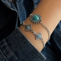 Retro antique silver cuff bracelets with green turquoise stones in bohemian style - Two-Piece Bracelet Set (S1334)