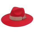 Detail of red wide-brim fedora hat featuring a beige leather belt and silver metal buckle - Red
