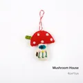 Handmade red mushroom house wool felt ornament with floral embroidery and hanging rope - Mushroom House
